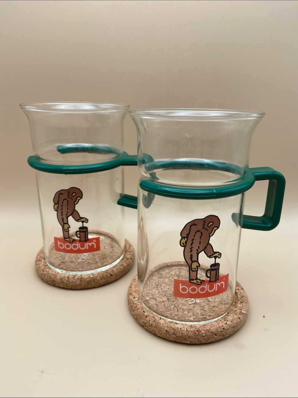 Set of 2 Vintage Bodum Bistro Glass Coffee Mugs with Chimp using French Press